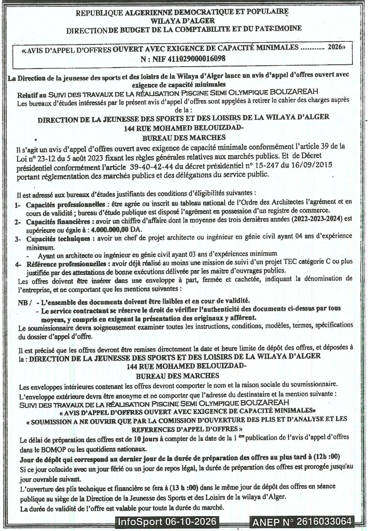 Suivi des travaux de réalisation d'une piscine semi olympique à Bouzaréah