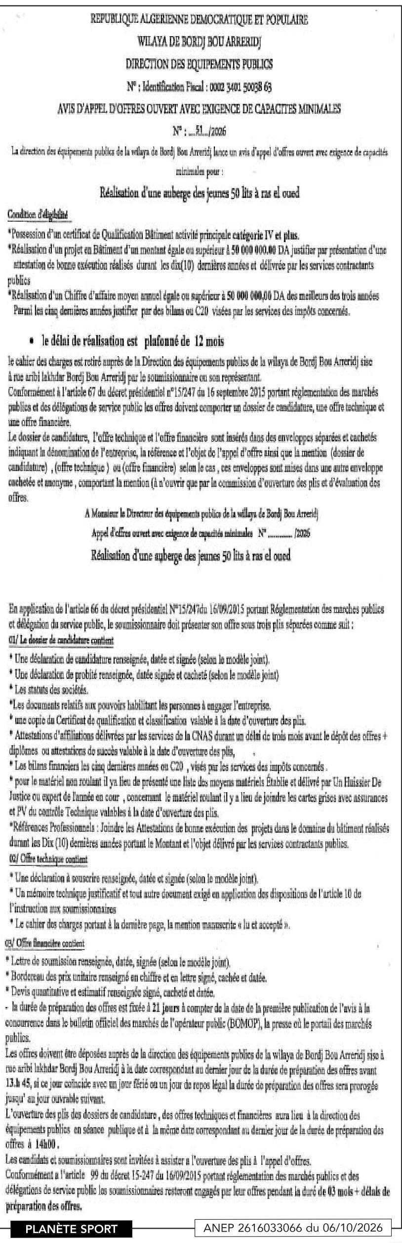 Réalisation d'une auberge des jeunes de 50 lits à Ras El Oued