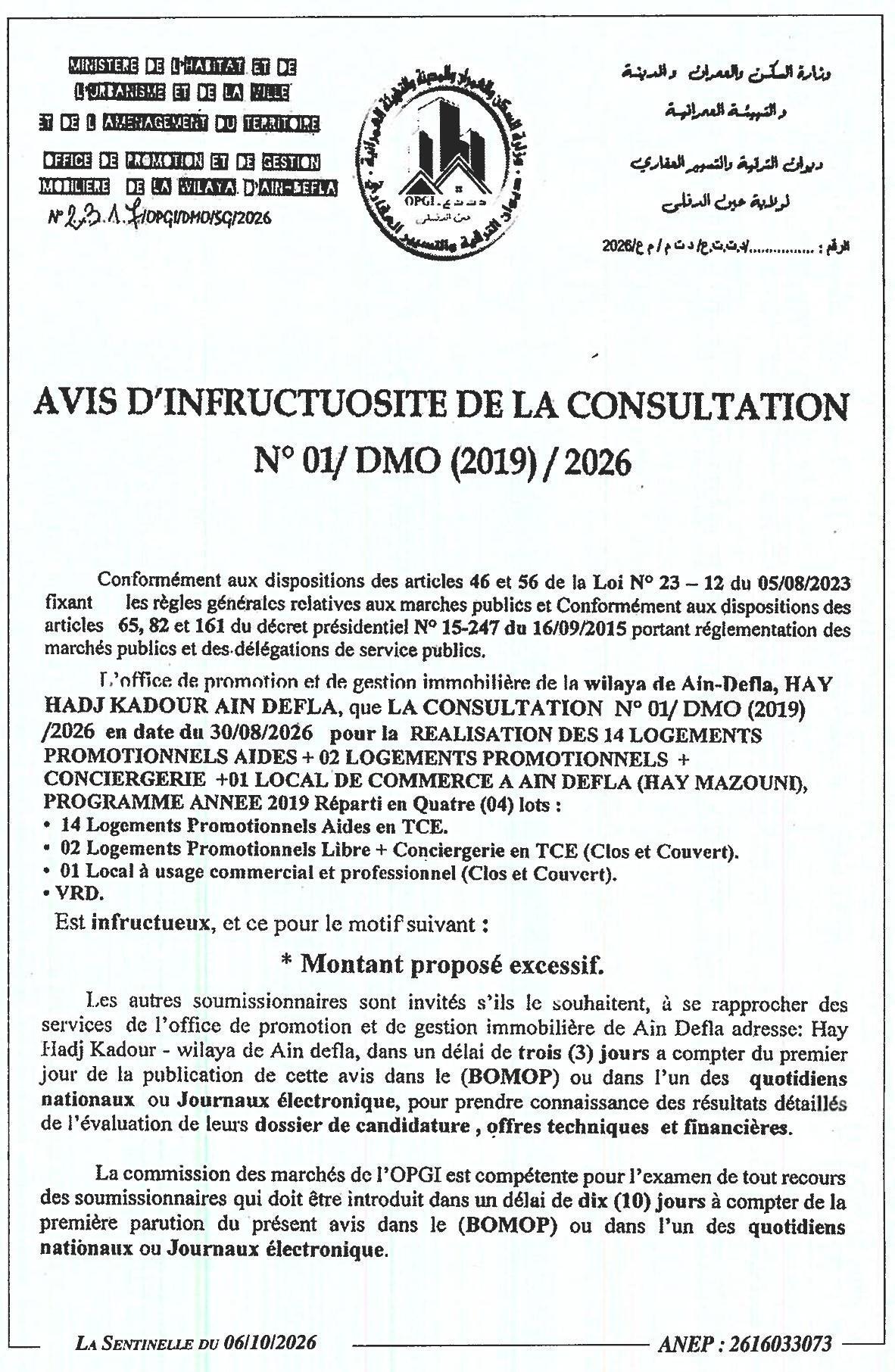 Déclaration d'infructuosité de la consultation pour la réalisation de 14 logements sociaux, 2 logements sociaux avec gardien, 1 local commercial et réseaux VRD à Aïn El-Ma