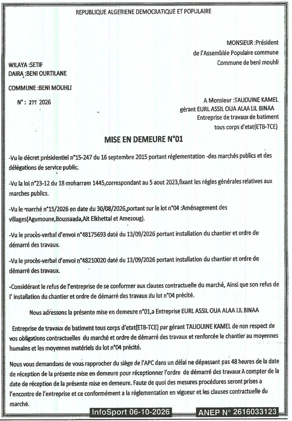 Mise en demeure pour non-respect des obligations contractuelles du lot 04 (Aménagement des villages)