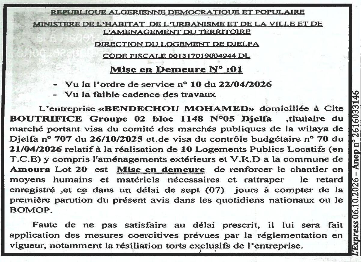 Mise en demeure pour retard dans l'exécution de travaux de logements publics locatifs