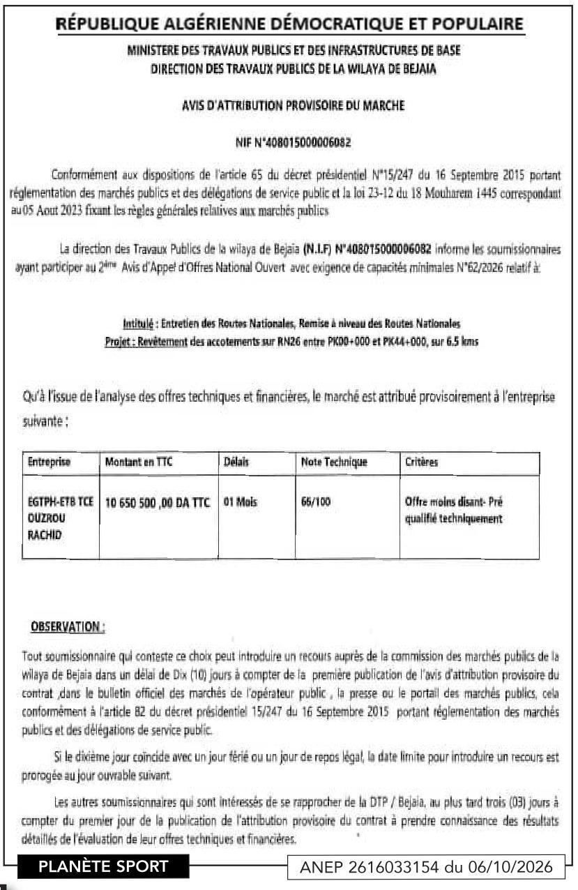 Attribution provisoire des travaux de revêtement des accotements sur RN26 (Bejaïa)