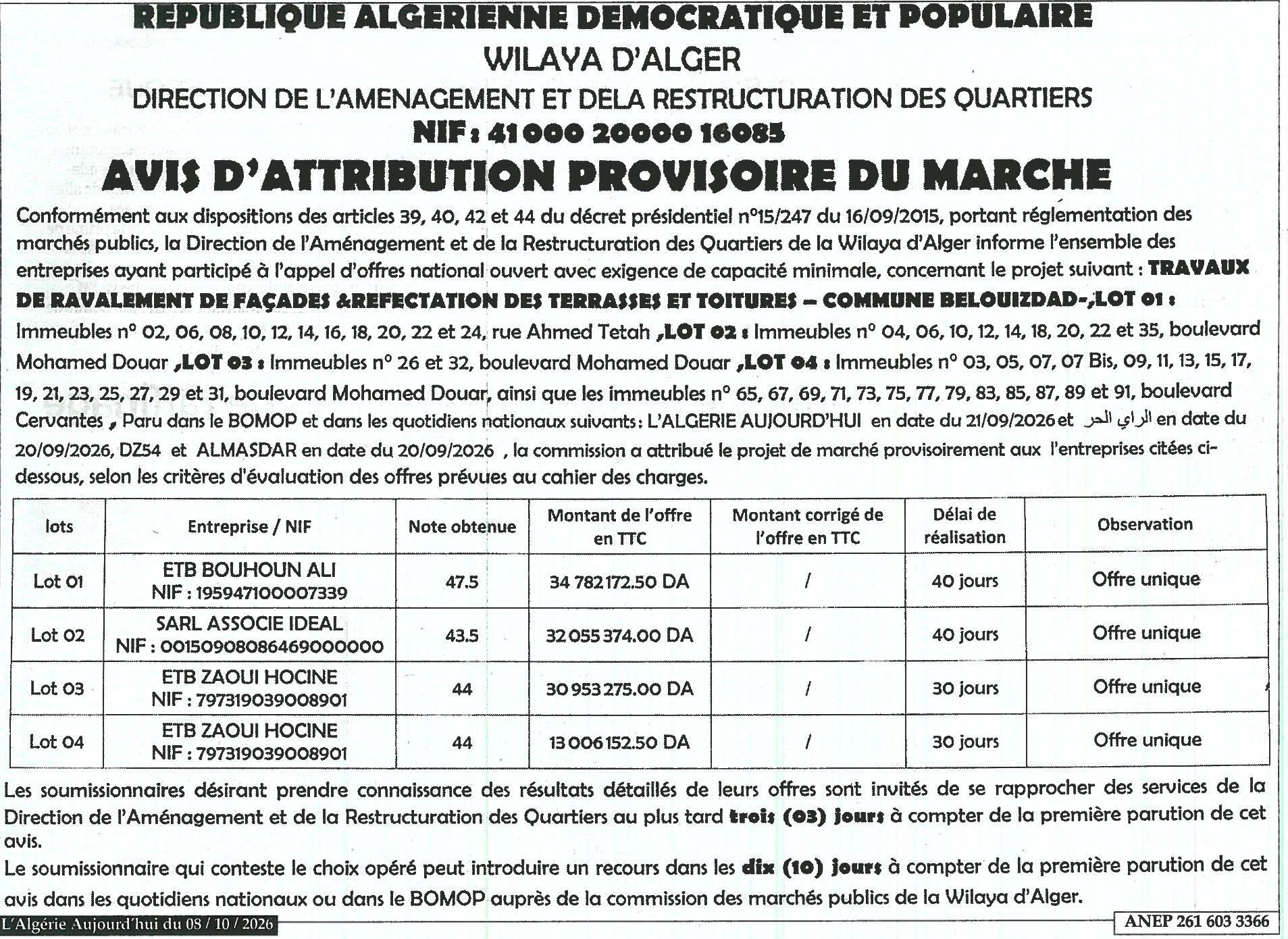 Travaux de ravalement de façades et réfection des terrasses et toitures - Commune de Belouizdad