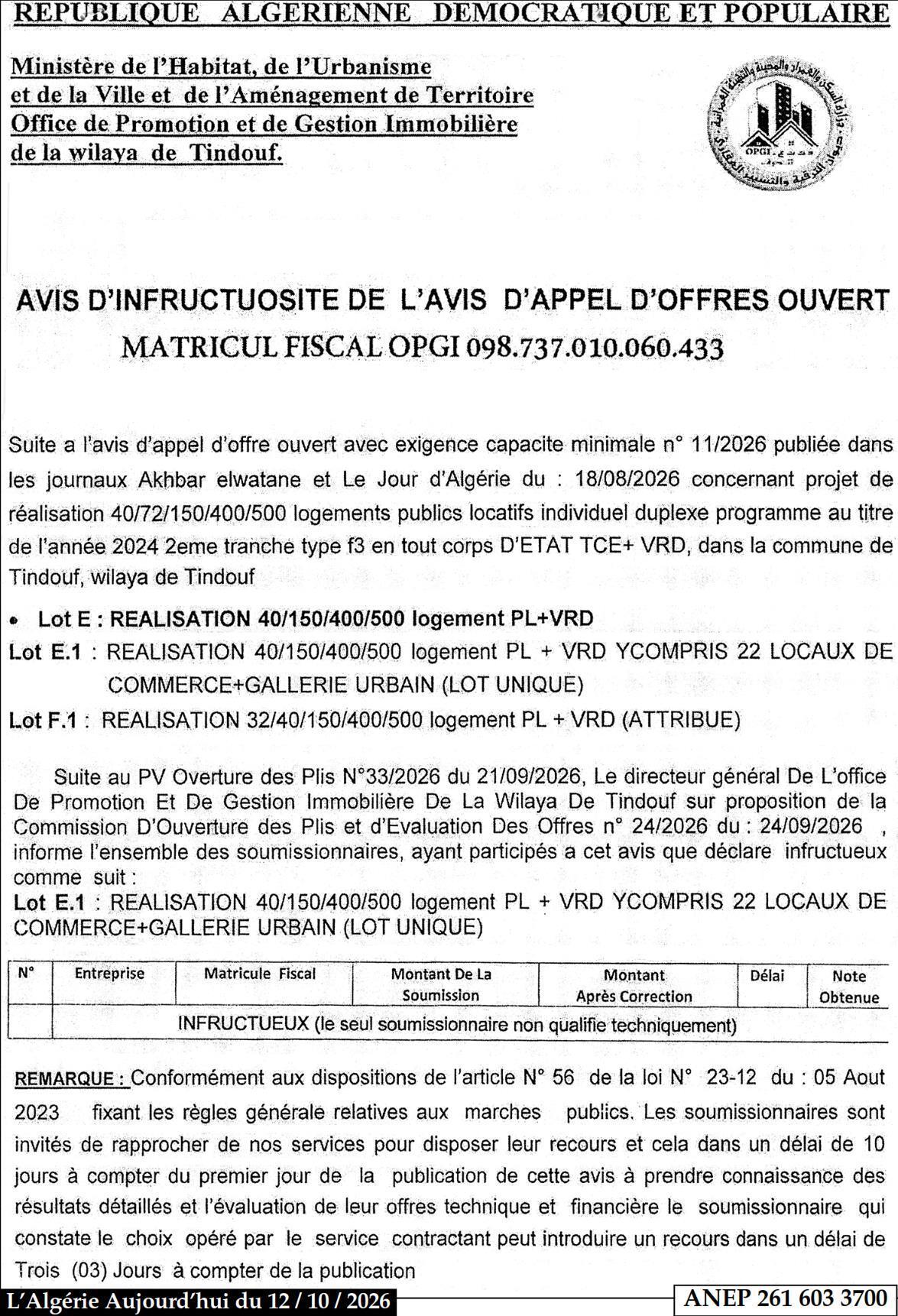 Déclaration d'infructuosité pour la réalisation de logements publics locatifs (lots E.1)