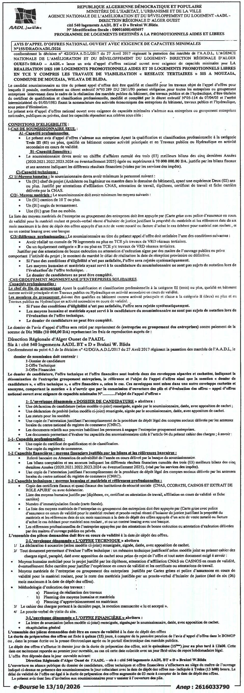 Construction de 110 logements promotionnels (100 AADL et 10 libres) et travaux de valorisation à Moudjebara, commune de Blida