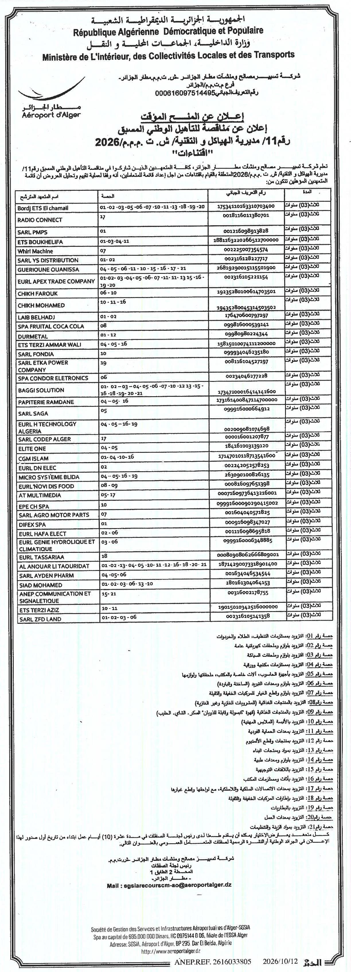 Attribution provisoire des travaux de réhabilitation des infrastructures de l'Aéroport d'Alger