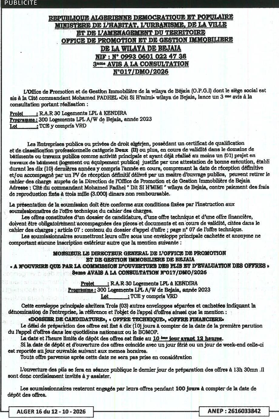 3ème avis à la consultation pour la réalisation de 30 logements LPL à Kendira (Bejaïa)