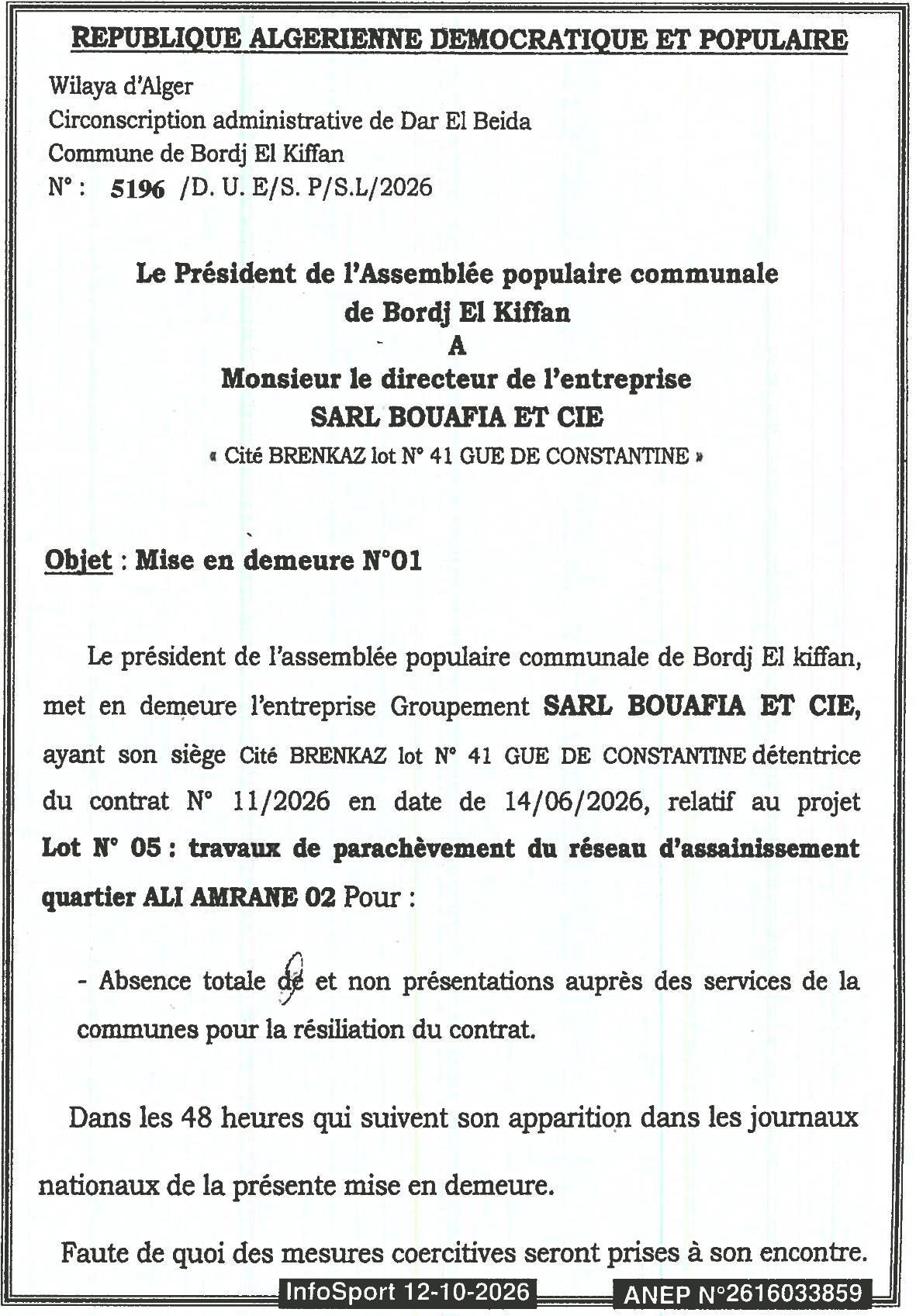 Mise en demeure pour résiliation de contrat de travaux d'assainissement