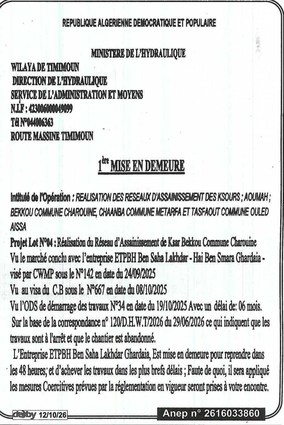 Mise en demeure pour reprise des travaux d'assainissement
