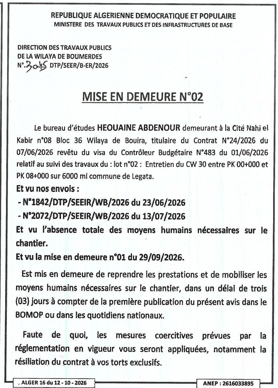 Mise en demeure pour non-exécution des travaux du lot n°02 (entretien du CW 30)