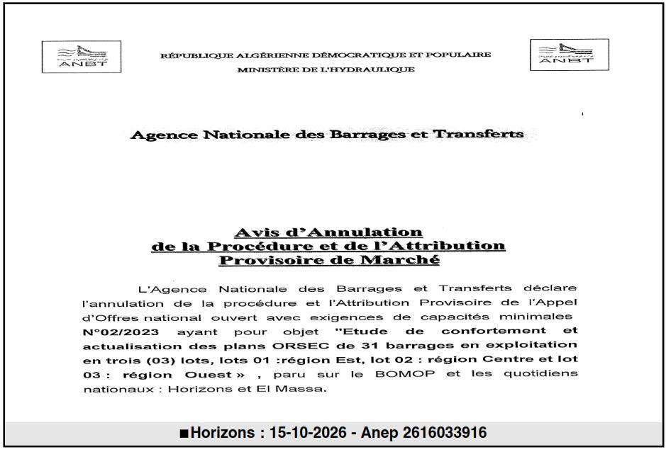 Annulation de l'appel d'offres pour l'étude de confortement et actualisation des plans ORSEC de 31 barrages