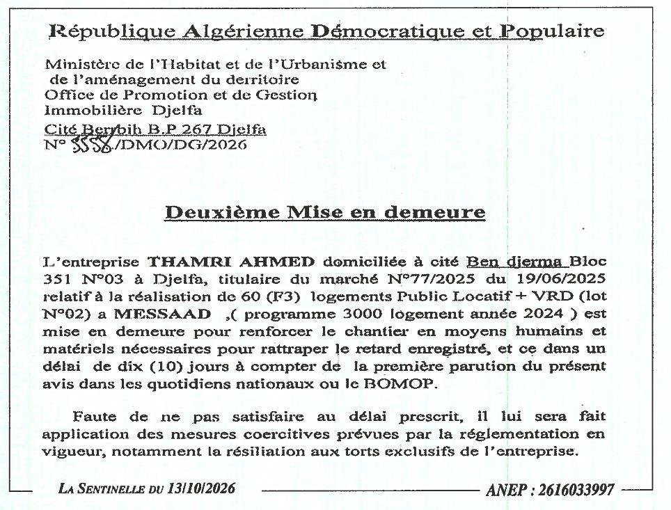 Mise en demeure pour retard dans l'exécution de travaux de logements publics