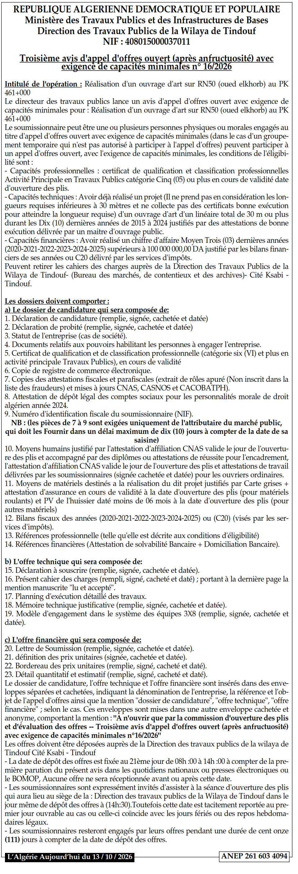 Réalisation d'un ouvrage d'art sur RN50 (oued elkhorb) au PK 461+000