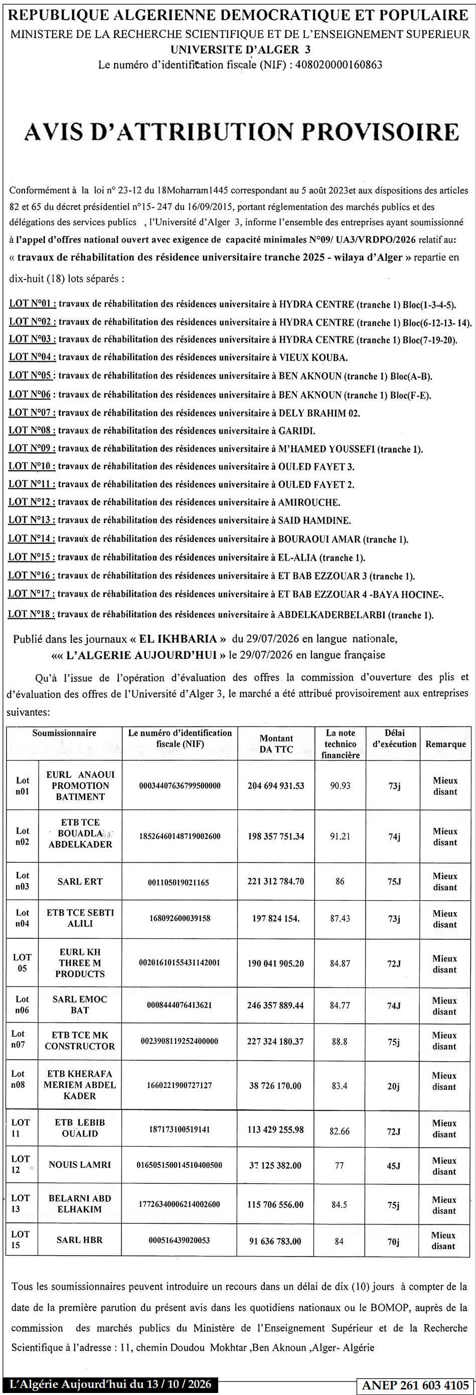 Travaux de réhabilitation des résidences universitaires (18 lots) - Wilaya d'Alger