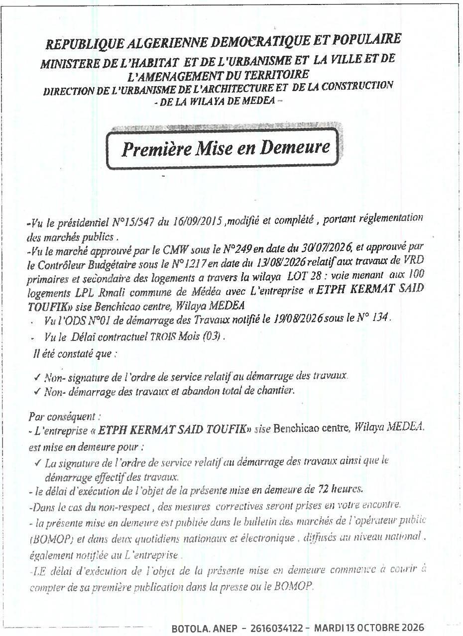 Mise en demeure pour non-exécution des travaux de VRD des logements à Médea