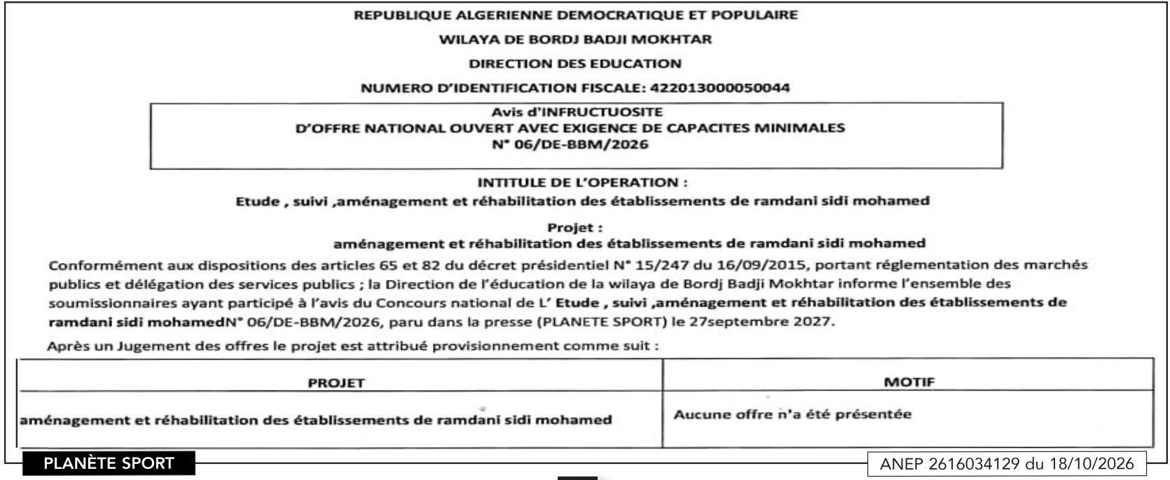 Déclaration d'infructuosité pour l'étude, suivi, aménagement et réhabilitation des établissements de Ramdani Sidi Mohamed