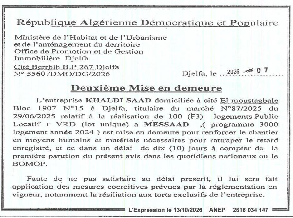 Mise en demeure pour retard dans l'exécution de travaux de logements publics