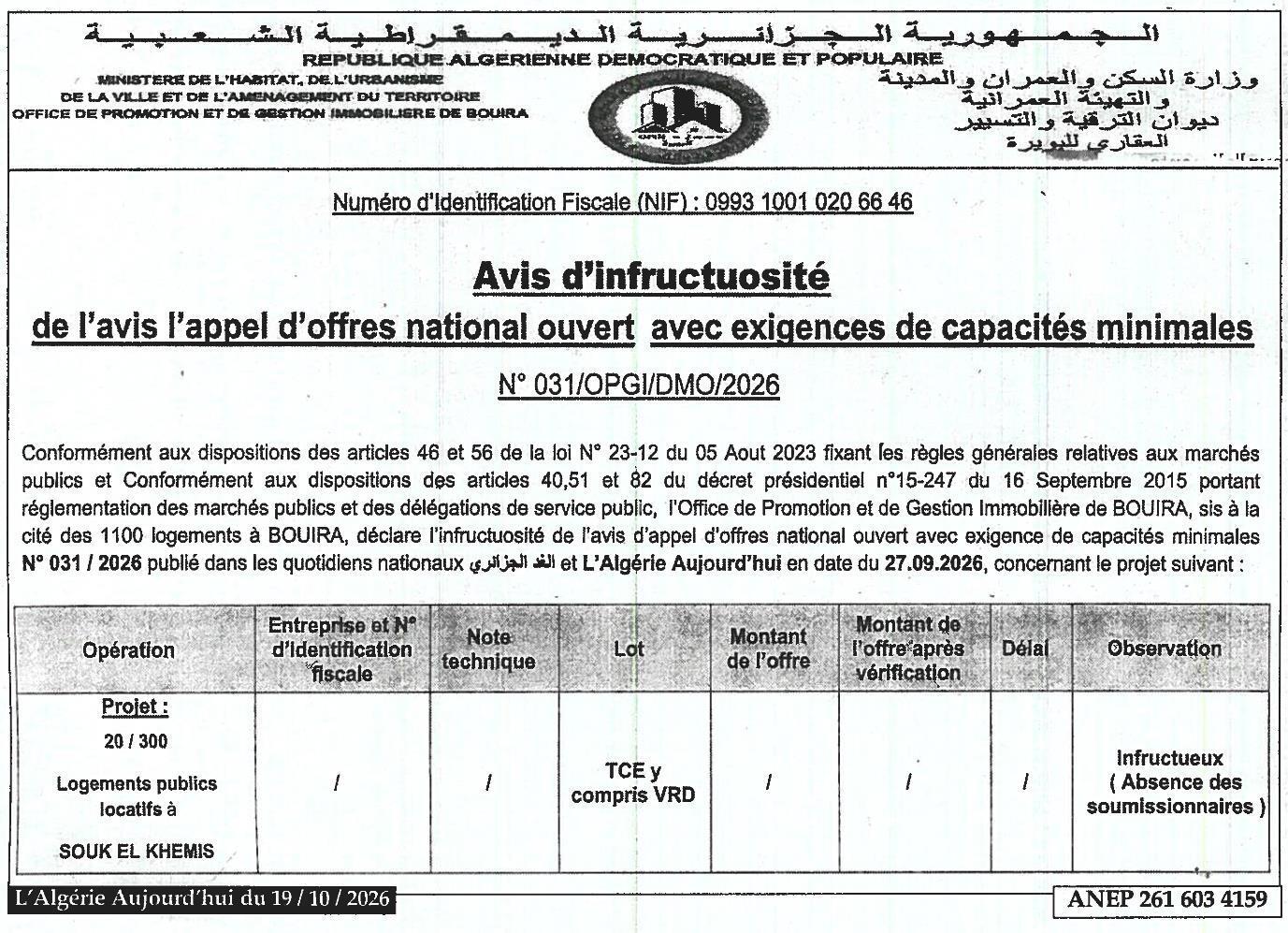 Déclaration d'infructuosité pour l'appel d'offres relatif à la construction de 20/300 logements publics locatifs à Souk El Khemis
