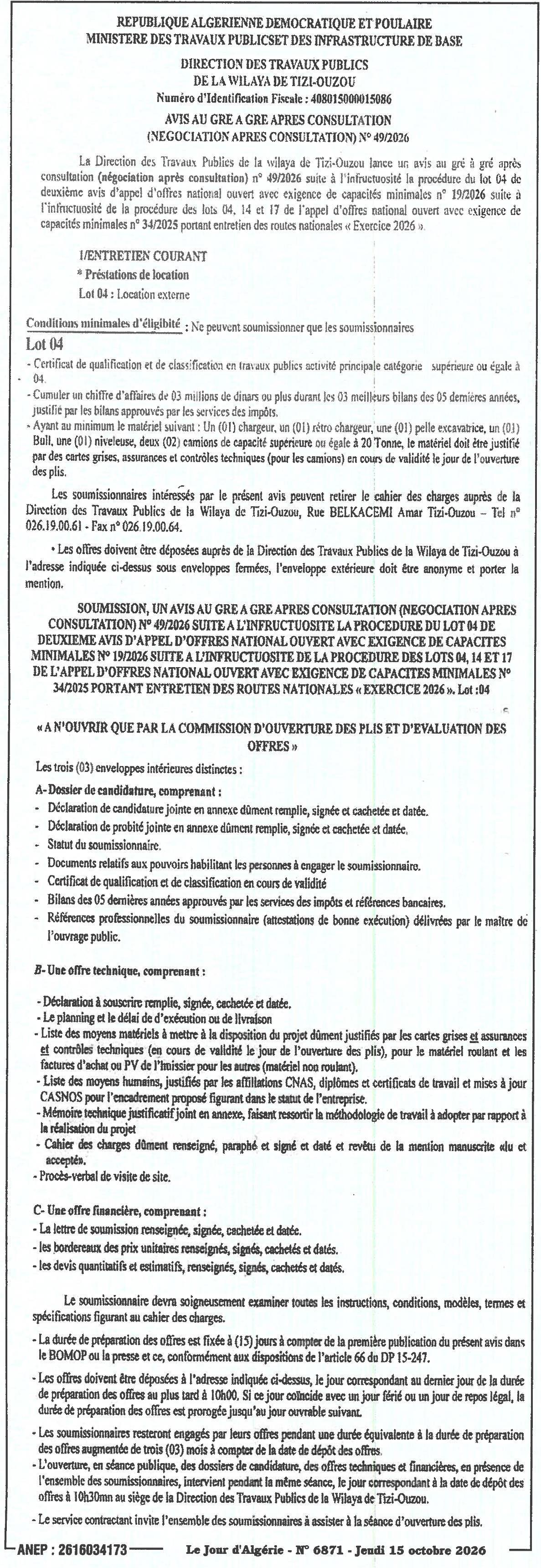 Entretien courant des routes nationales – Lot 04 (négociation après consultation)