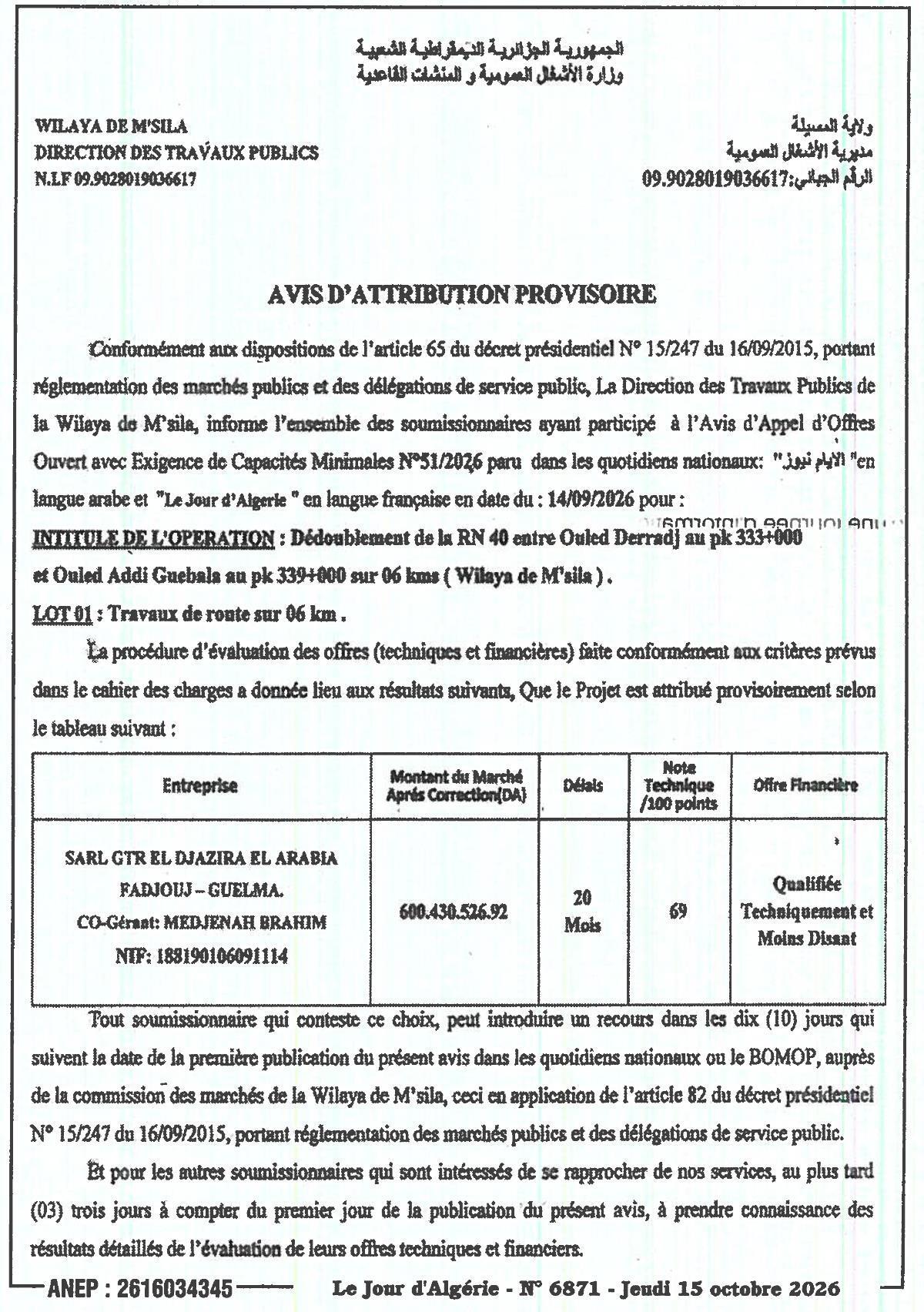 Attribution provisoire des travaux de dédoublement de la RN 40 (6 km) à M'Sila