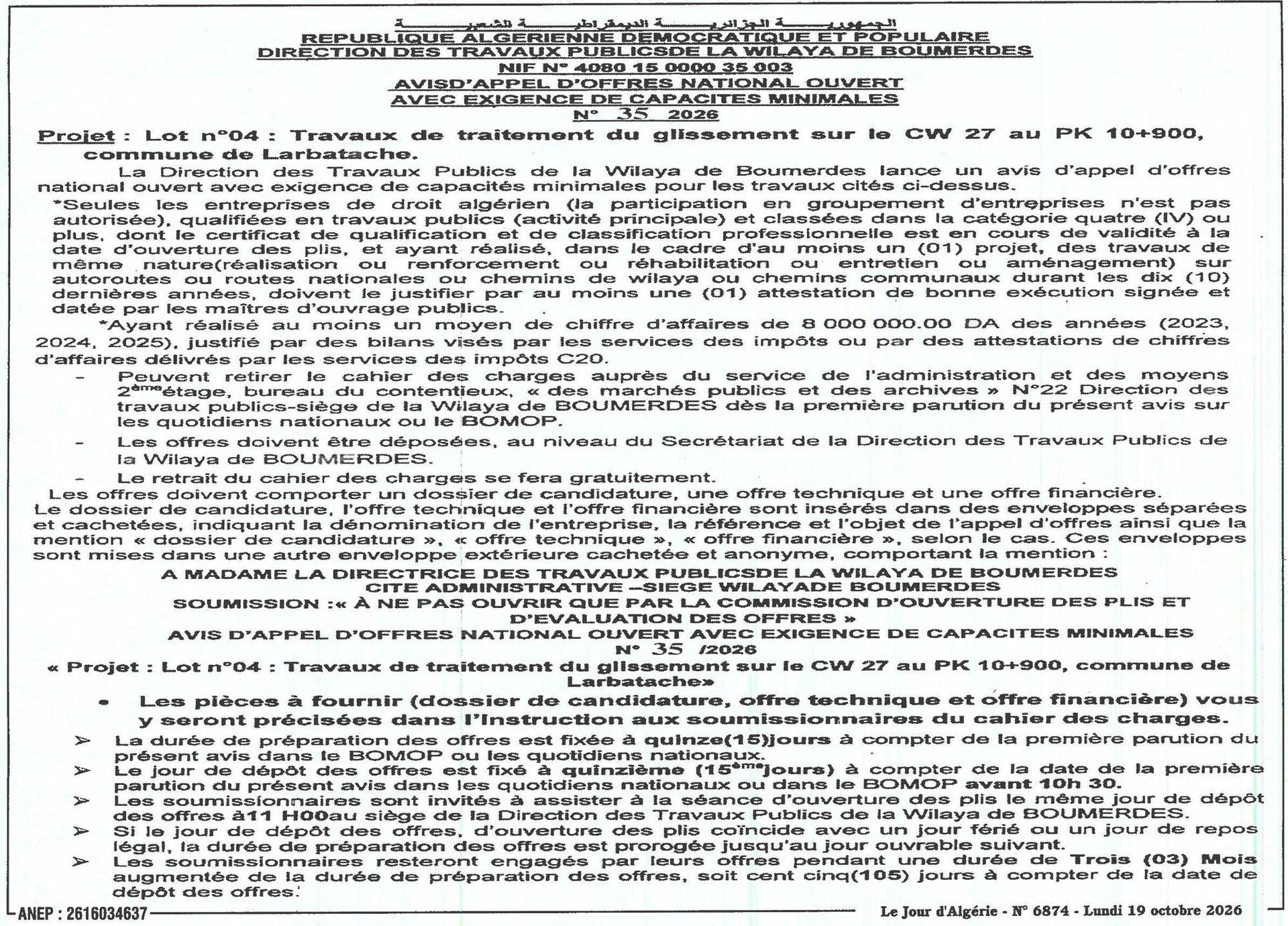 Travaux de traitement du glissement sur le CW 27 au PK 10+900, commune de Larbatache