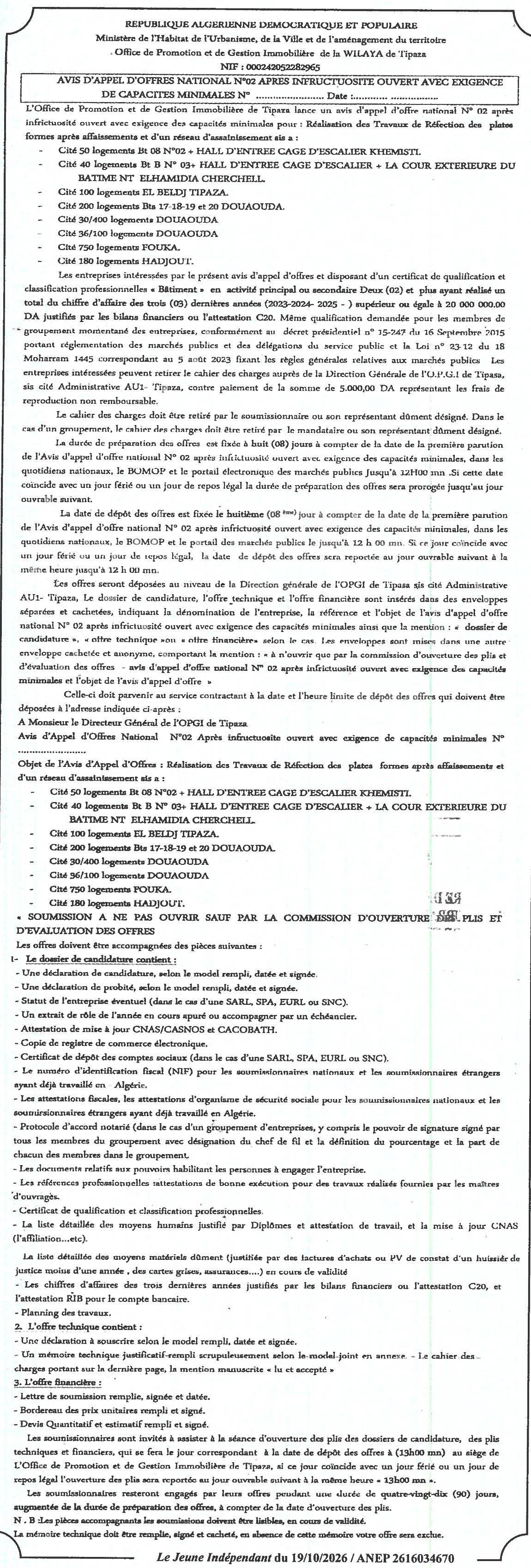 Réfection des plates-formes et réseau d'assainissement dans plusieurs cités de Tipaza