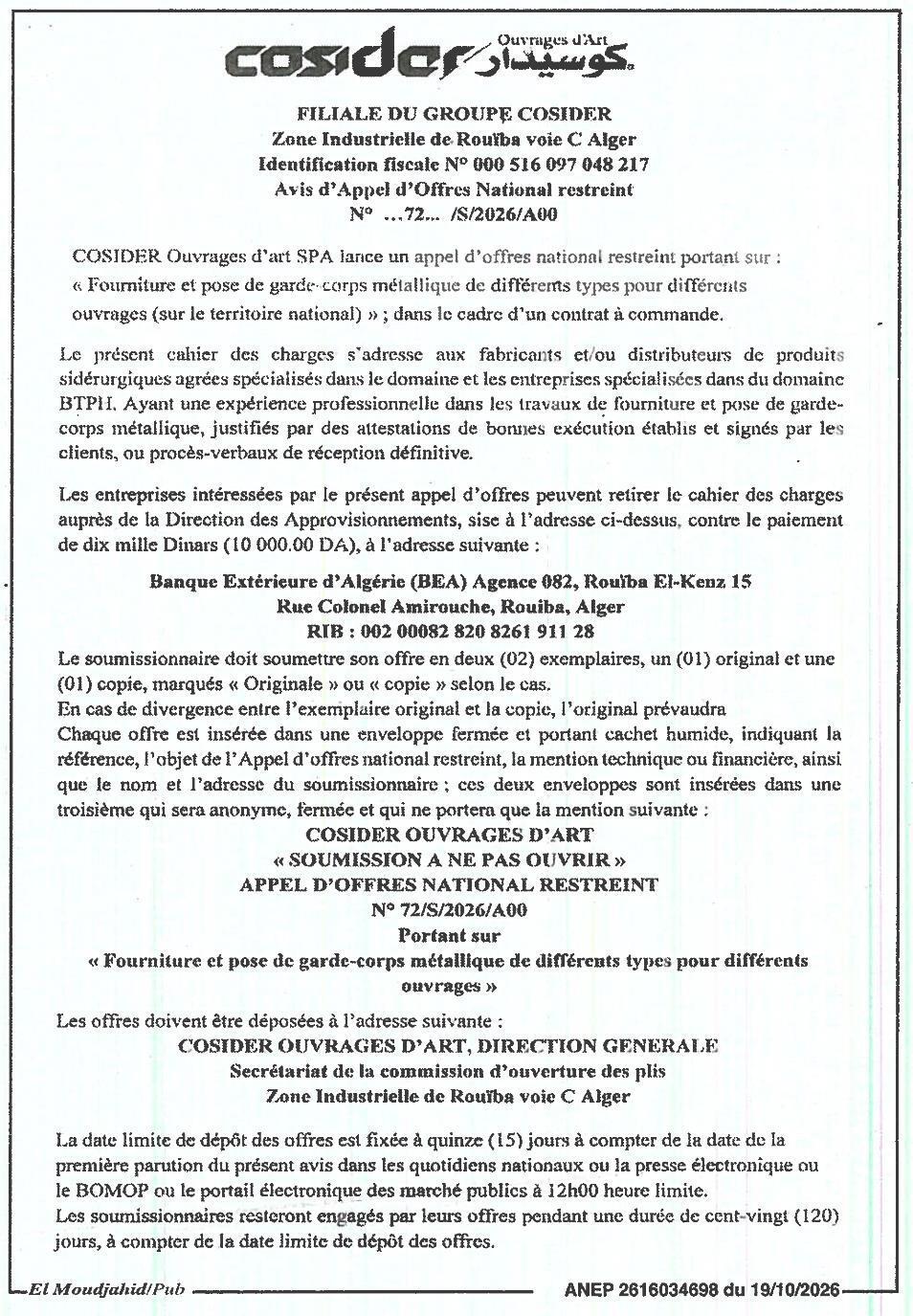Fourniture et pose de garde-corps métallique pour ouvrages d'art