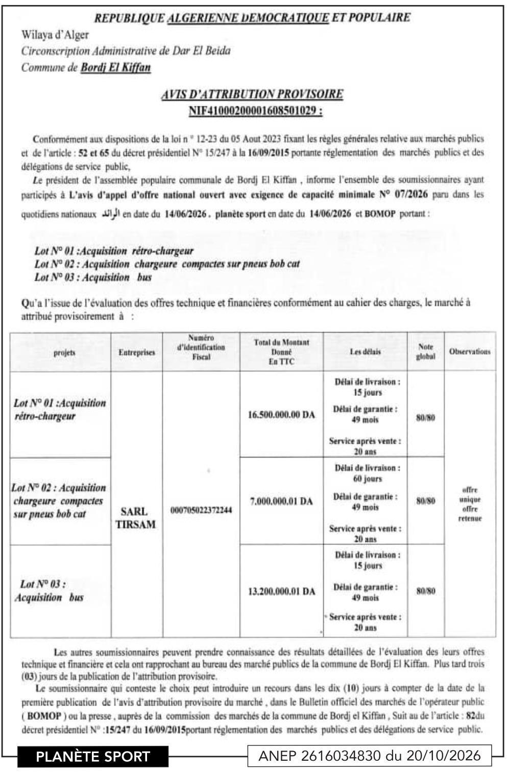 Attribution provisoire de marché pour acquisition de matériel (rétro-chargeur, chargeuses compactes, bus)