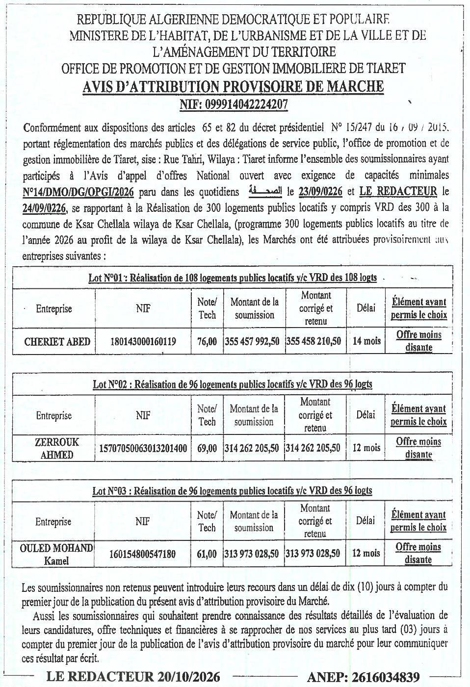 Attribution provisoire des marchés de réalisation de 300 logements publics locatifs à Ksar Chellala