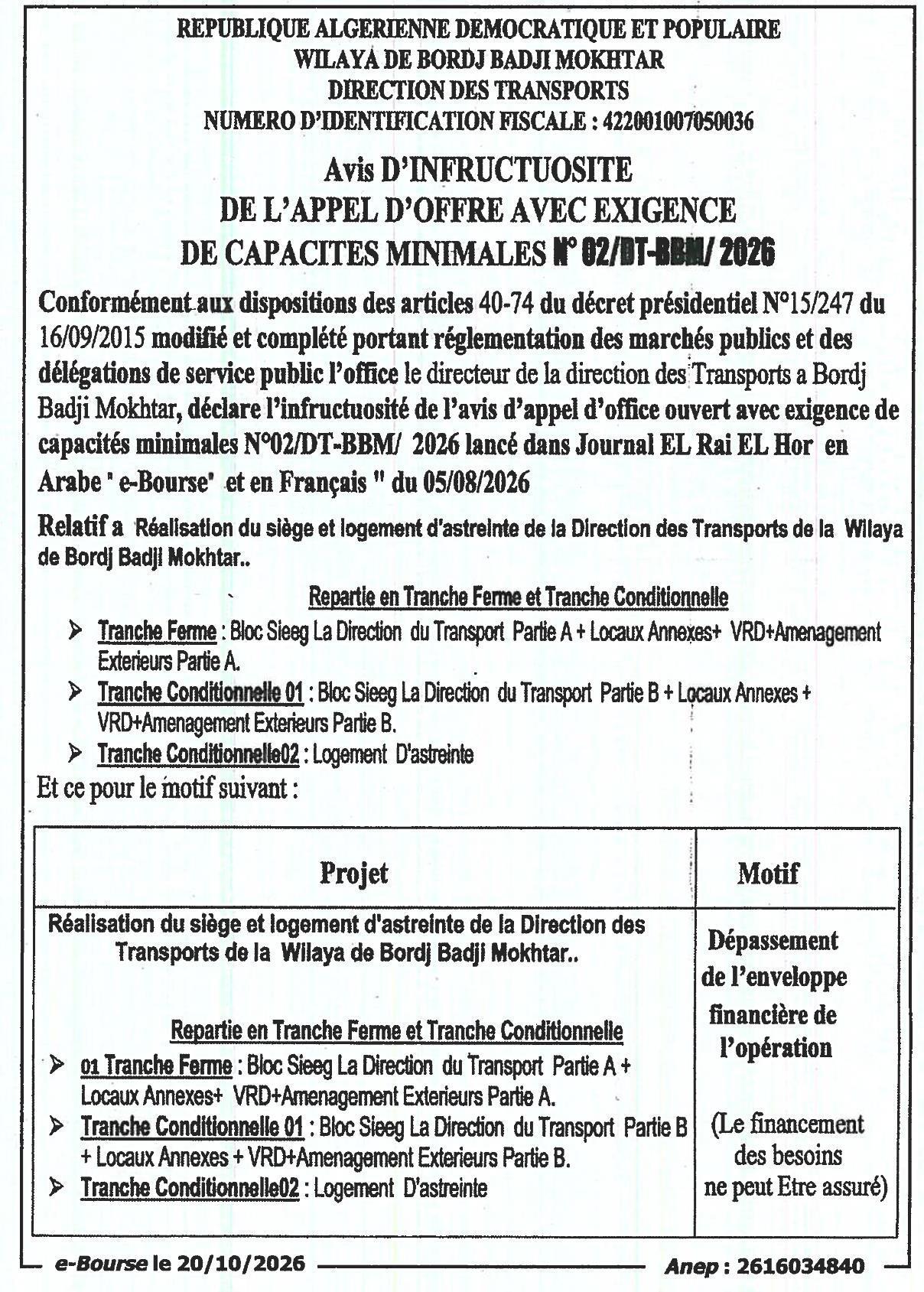 Avis d'infructuosité pour la réalisation du siège et logement d'astreinte de la Direction des Transports de Bordj Badji Mokhtar