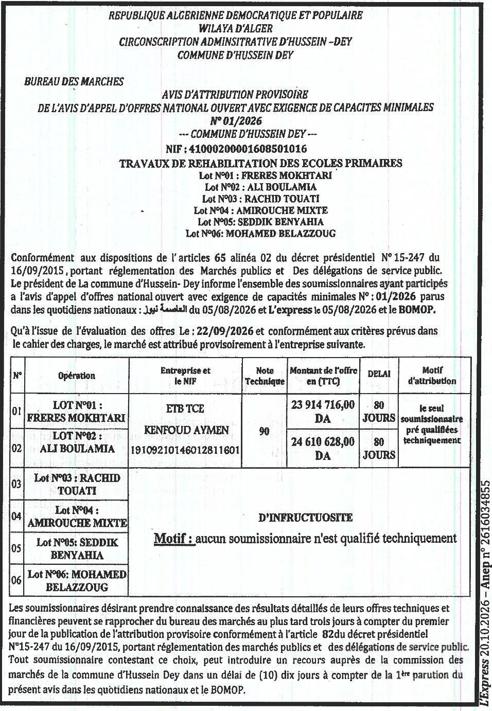 Attribution provisoire des travaux de réhabilitation des écoles primaires (lots 01 à 06) à Hussein Dey
