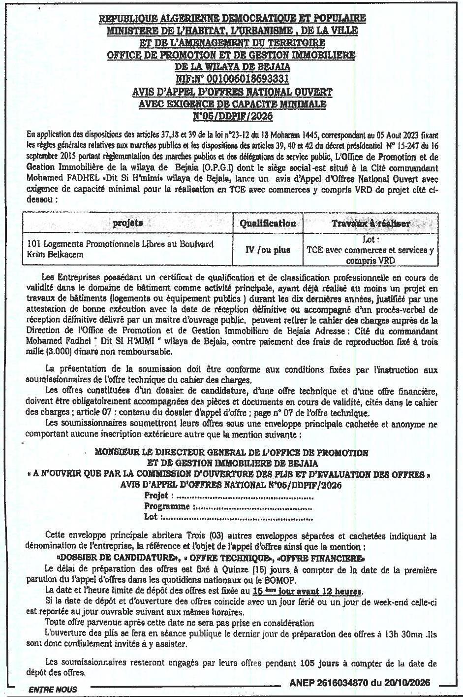 Construction de 101 logements promotionnels libres avec commerces et VRD à Bejaïa