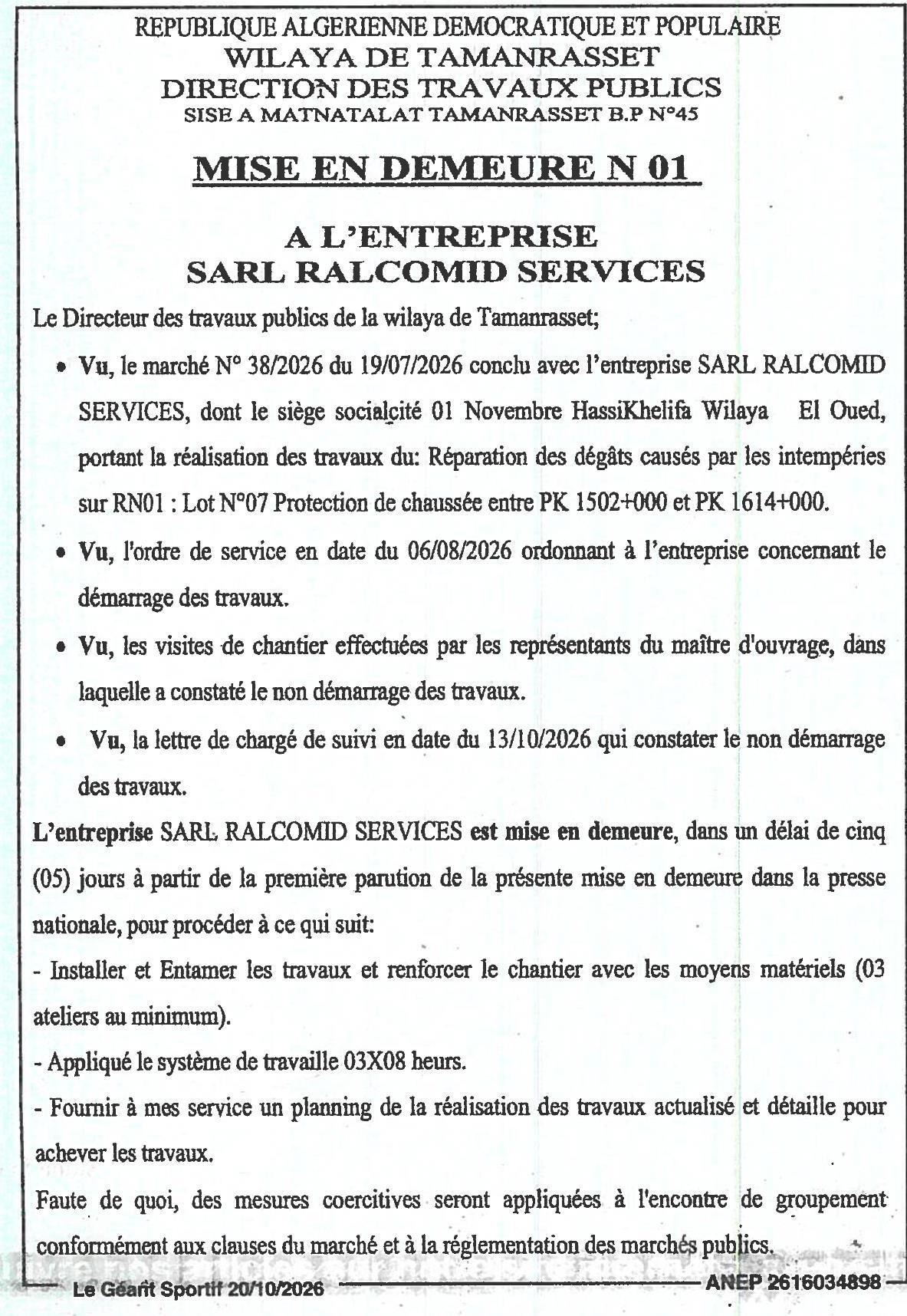 Mise en demeure pour non-démarrage des travaux de réparation des dégâts sur la RN01 (Lot 07)