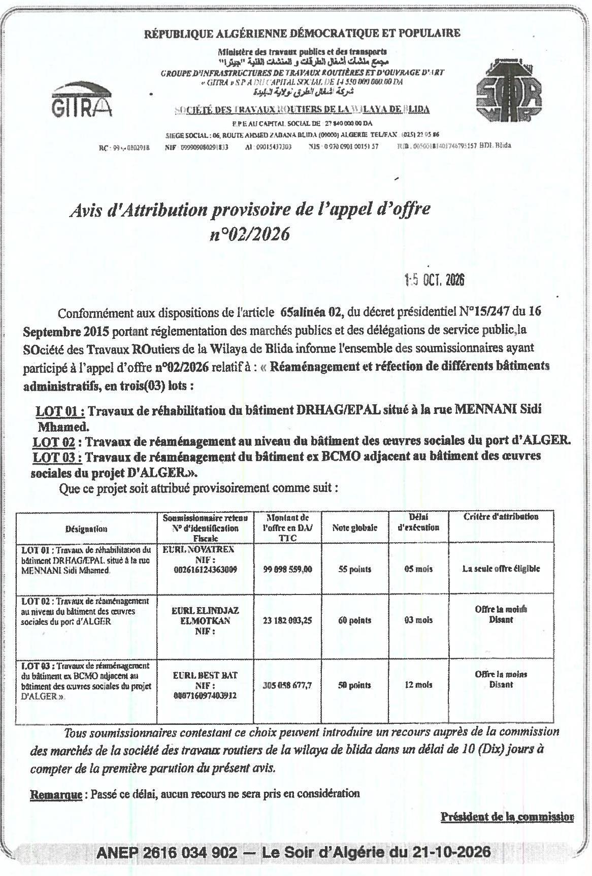 Attribution provisoire des travaux de réaménagement et réfection de bâtiments administratifs (3 lots)