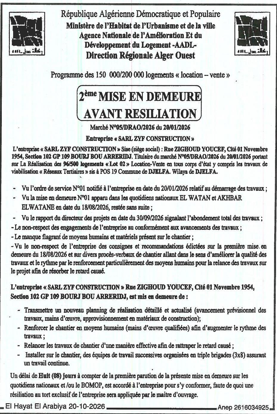 Mise en demeure pour non-respect des engagements dans la réalisation de 96 logements (Lot 02) à Djelfa
