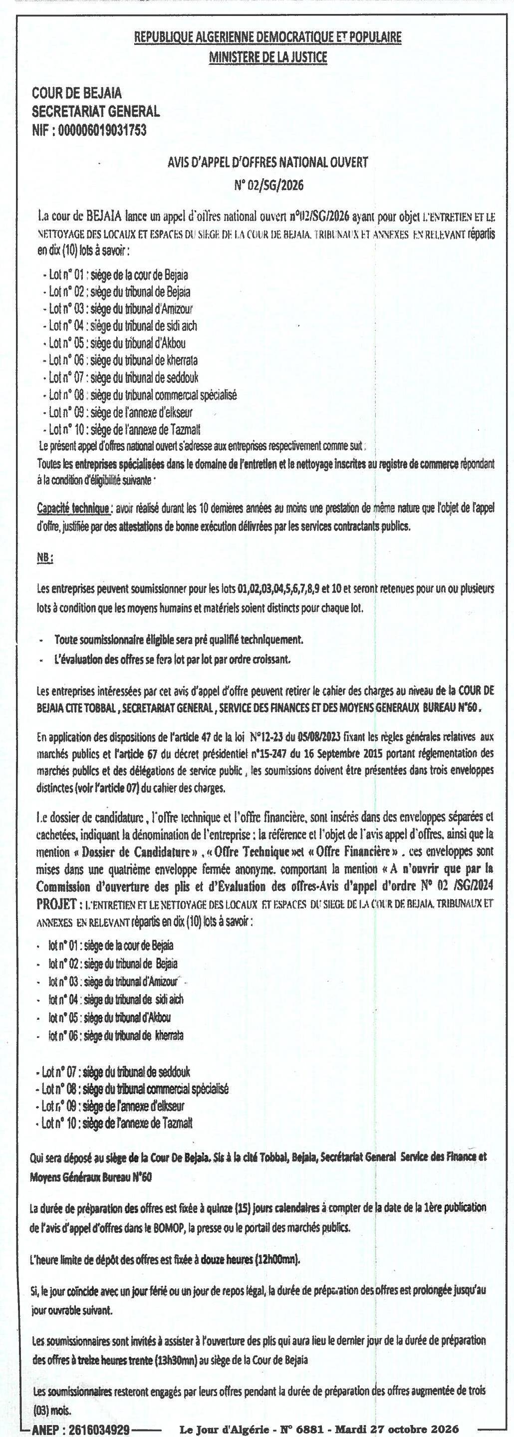 Entretien et nettoyage des locaux et espaces de la Cour de Bejaïa, tribunaux et annexes