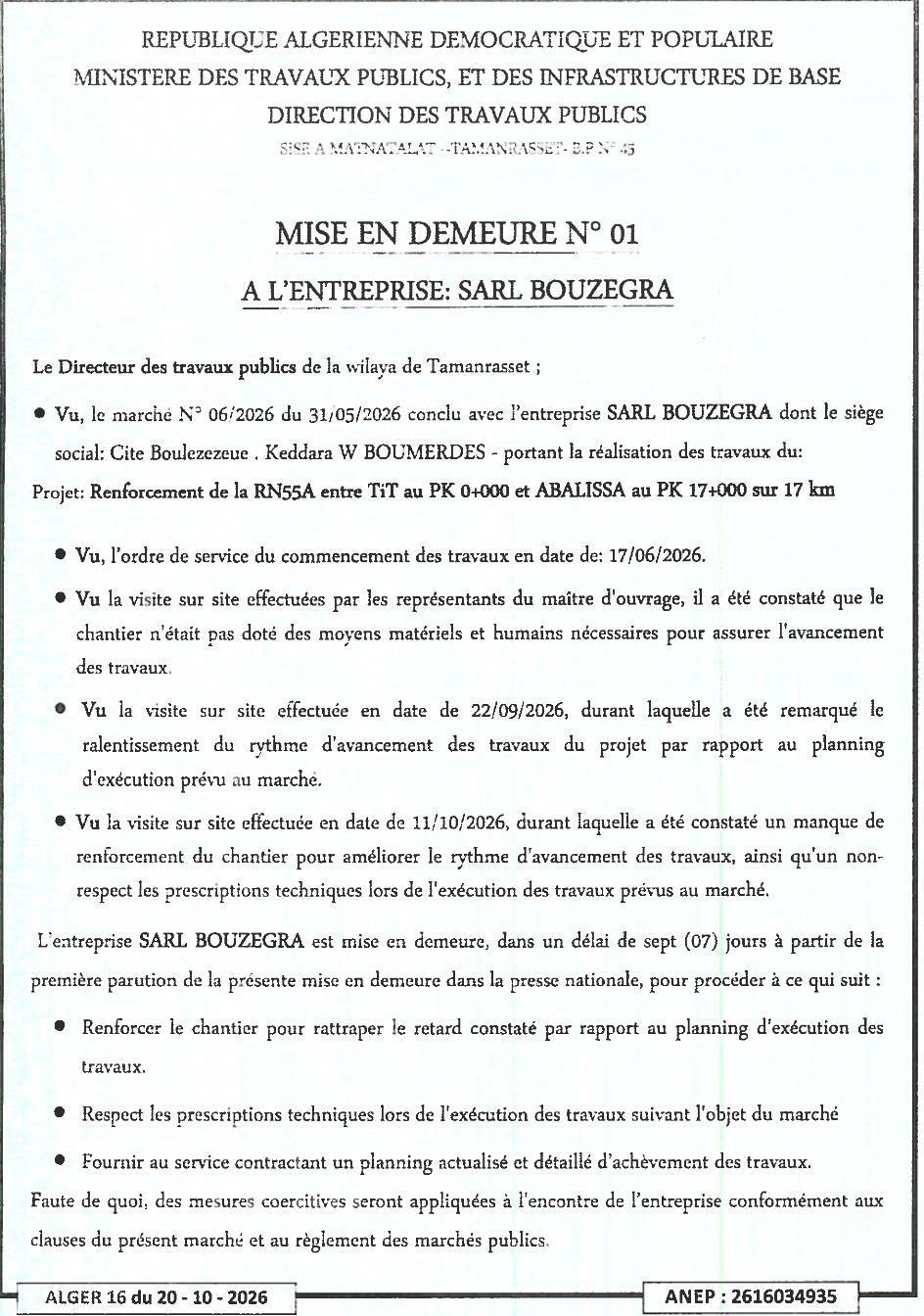 Mise en demeure pour retard et non-respect des prescriptions techniques dans les travaux de renforcement de la RN55A