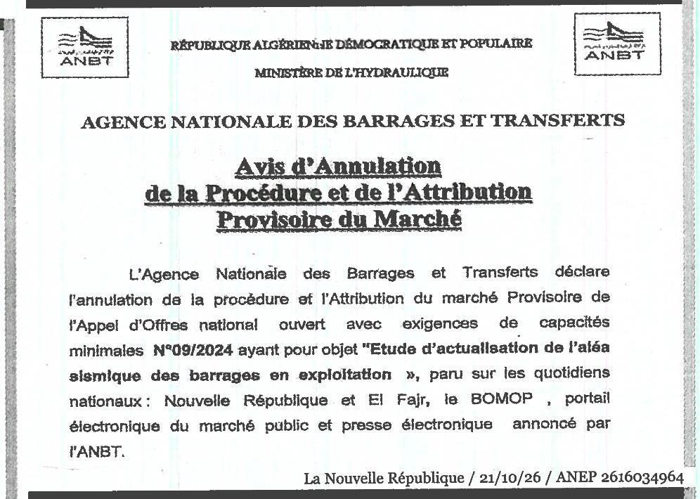 Annulation de l'appel d'offres pour l'étude d'actualisation de l'aléa sismique des barrages