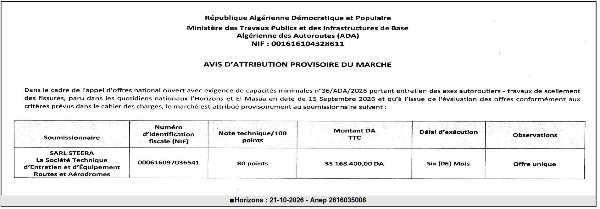 Attribution provisoire des travaux d'entretien des axes autoroutiers (scellement des fissures)