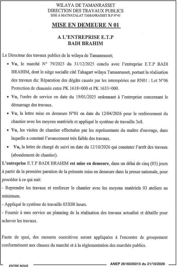 Mise en demeure pour reprise des travaux de réparation des dégâts sur la RN01 (Lot 06)