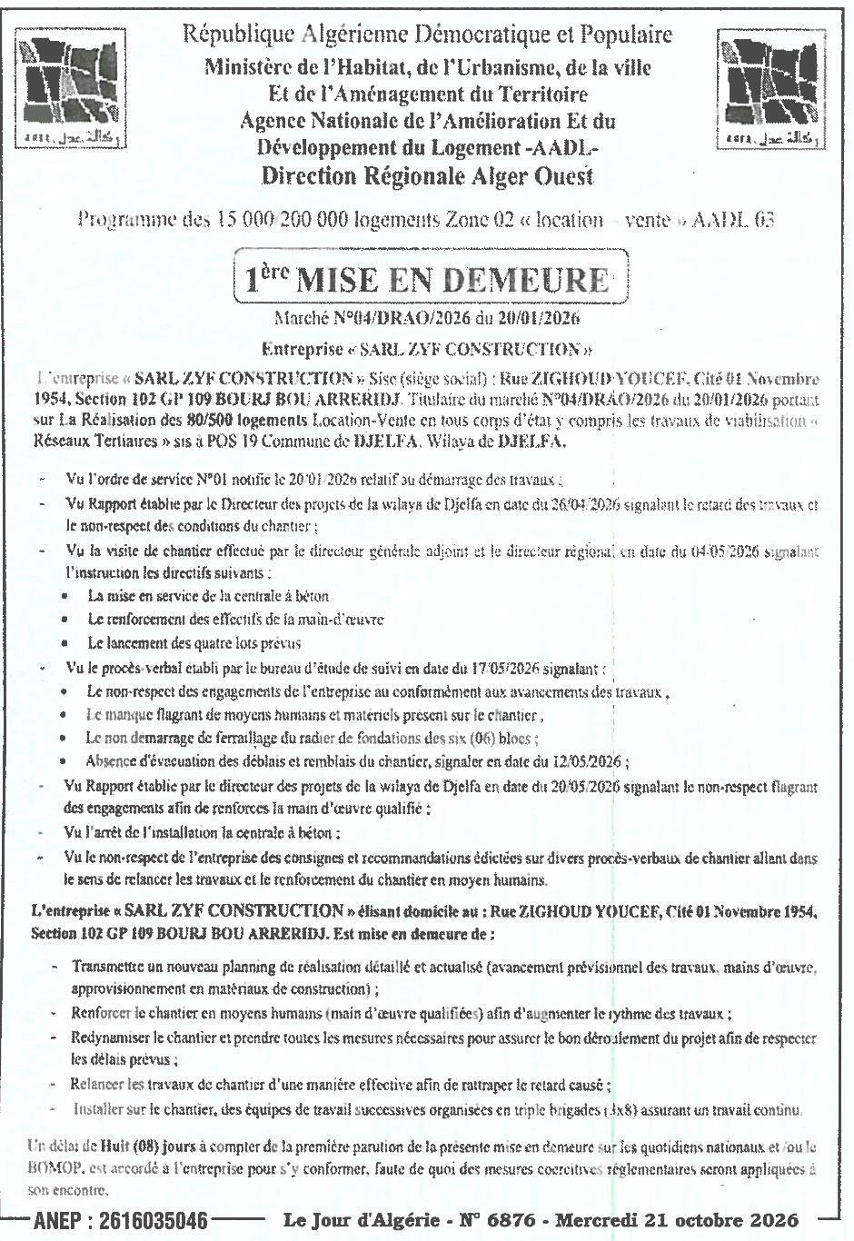 Mise en demeure pour retard dans l'exécution des travaux de 80 logements (Location-Vente) à Djelfa
