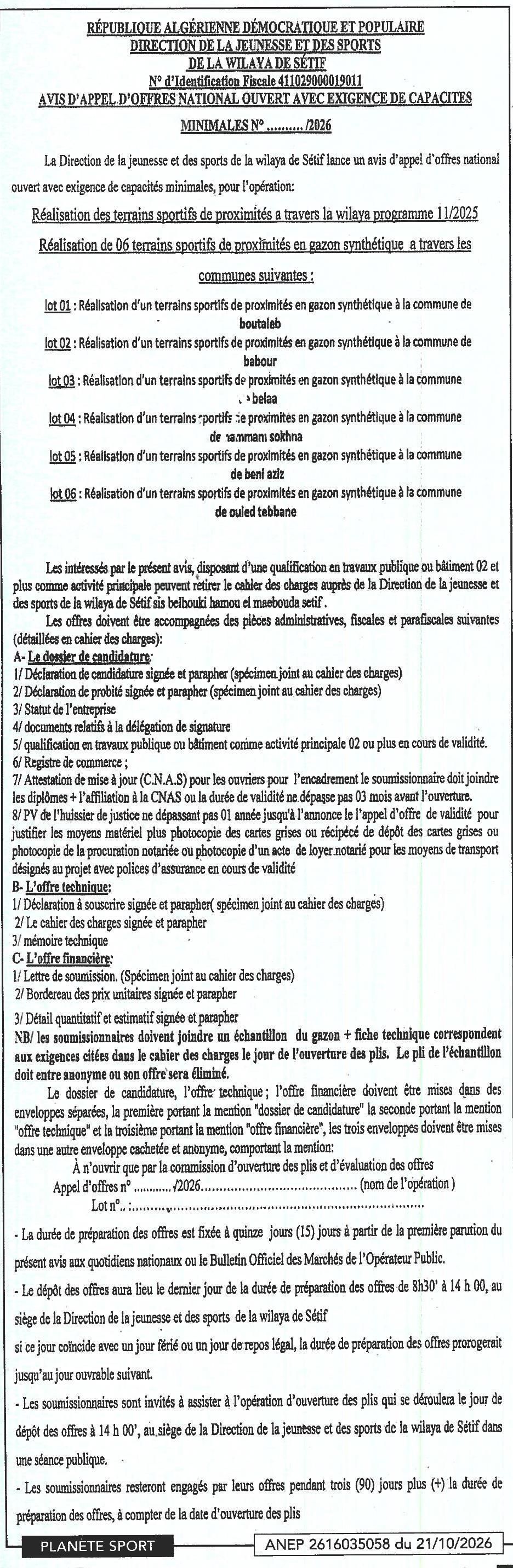 Réalisation de 6 terrains sportifs de proximité en gazon synthétique (lots 01 à 06) à travers la wilaya de Sétif