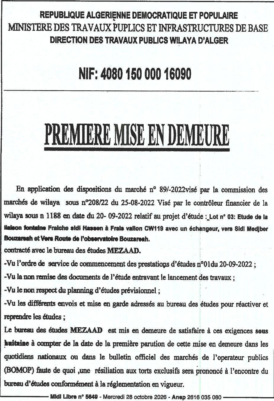 Mise en demeure pour non-respect des obligations contractuelles dans le cadre de l'étude de la liaison fontaine Fraiche Sidi Hassen - Frais Vallon