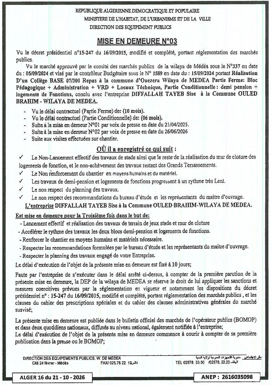 Mise en demeure pour non-respect des délais et recommandations dans la réalisation d'un collège à Ouezera (Médéa)