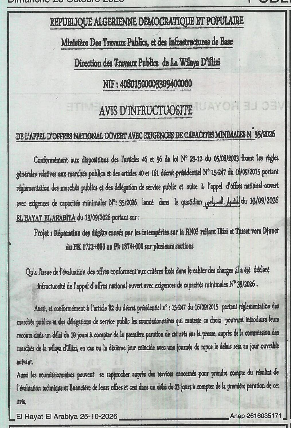 إعلان عن عدم جدوى طلب العروض الوطني المفتوح رقم 35/2026 بشأن إصلاح الأضرار التي لحقت بالطريق الوطني رقم 03 بين إليزي وتاسيت نحو جانت (من الكيلومتر 1722+000 إلى الكيلومتر 1874+000)
