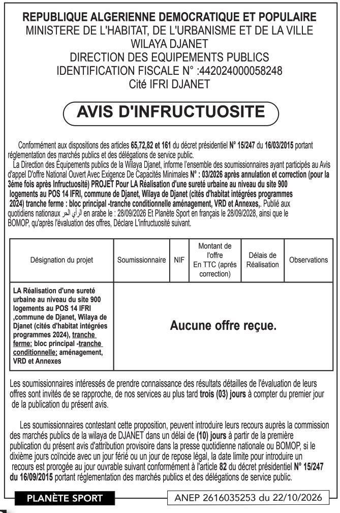 Déclaration d'infructuosité pour la réalisation d'une sûreté urbaine (900 logements, POS 14 IFRI, Djanet)