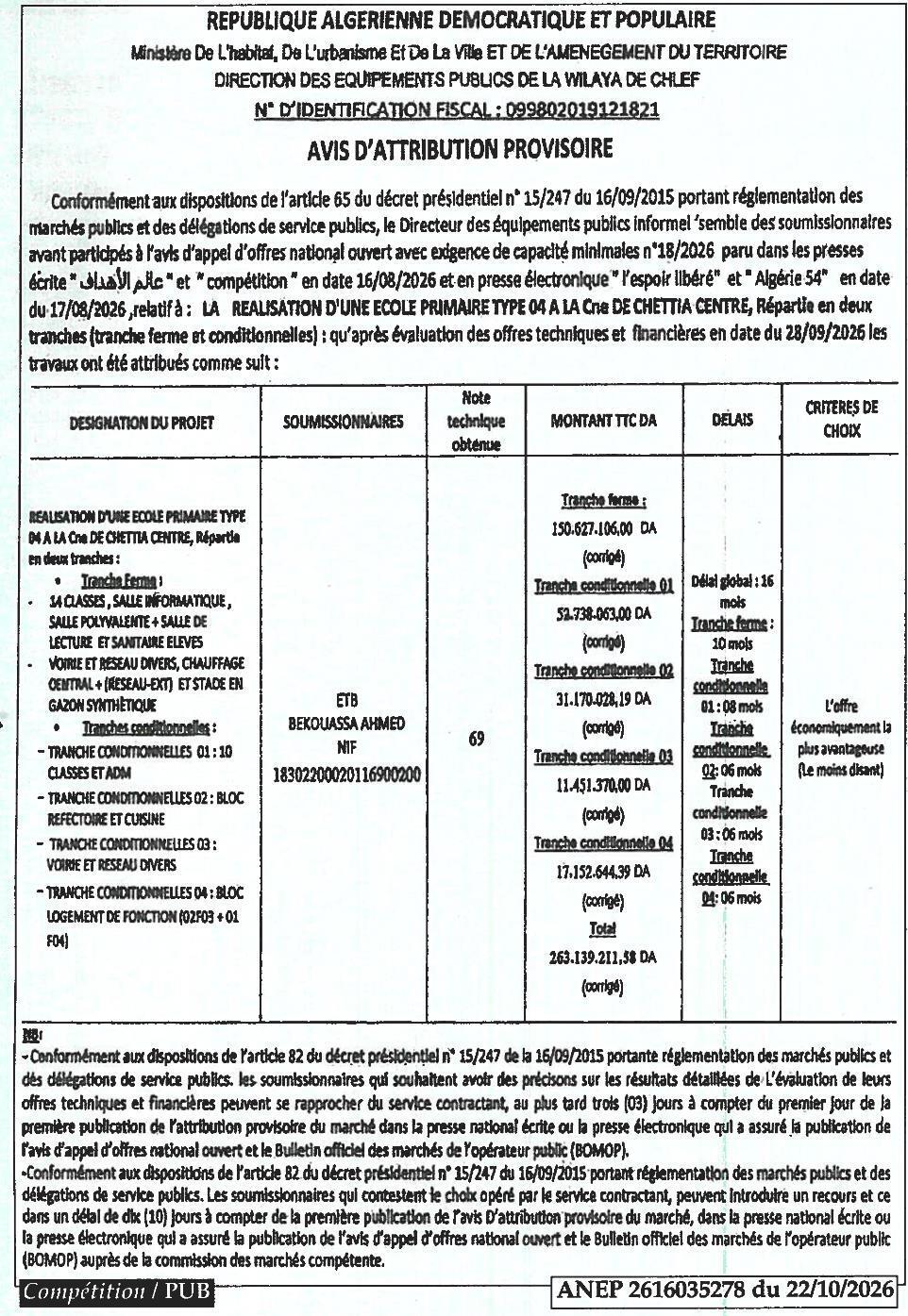 Attribution provisoire des travaux de réalisation d'une école primaire type 04 à Chettia Centre