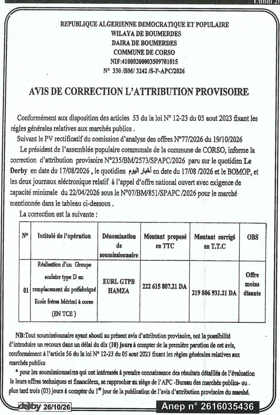 Correction de l'avis d'attribution provisoire pour la réalisation d'un groupe scolaire type D à Corso
