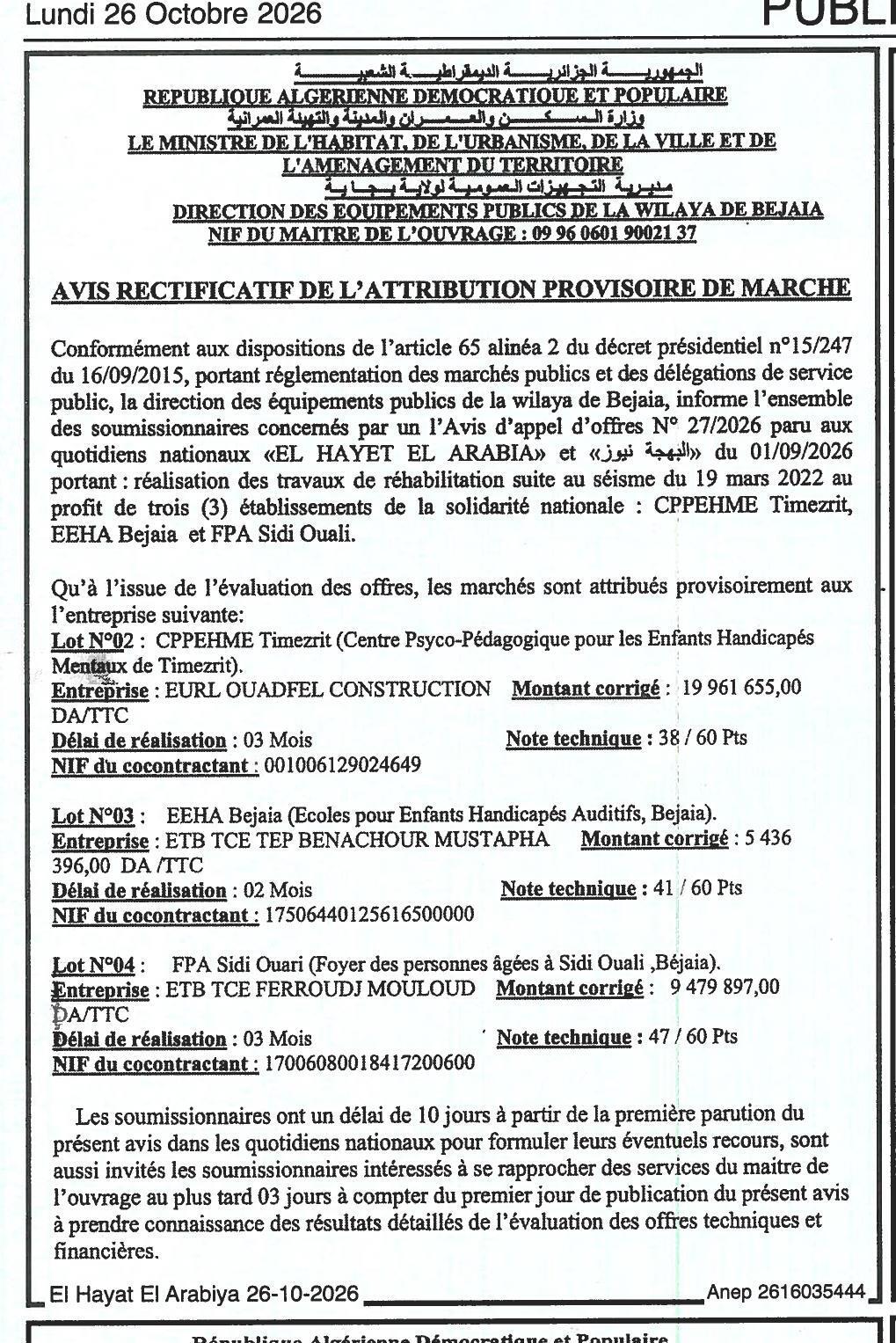 Rectificatif de l'attribution provisoire des travaux de réhabilitation post-séisme