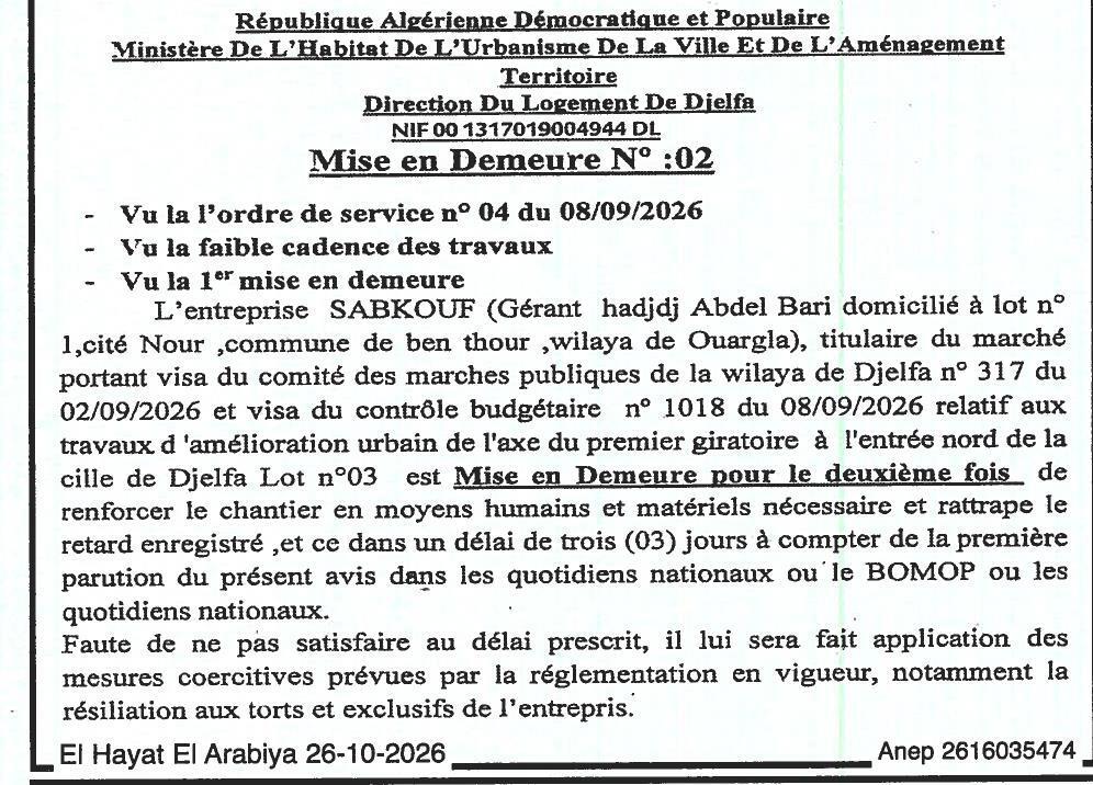 Mise en demeure pour retard dans les travaux d’amélioration urbaine à Djelfa